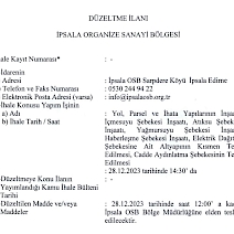 İpsala OSB Altyapı İhale Düzeltme İlanı